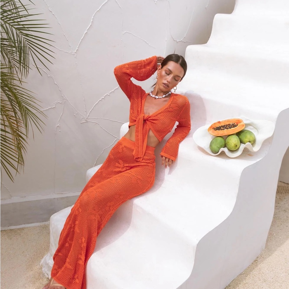 Hello Molly Orange Crochet Two-Piece Swim Coverup Set